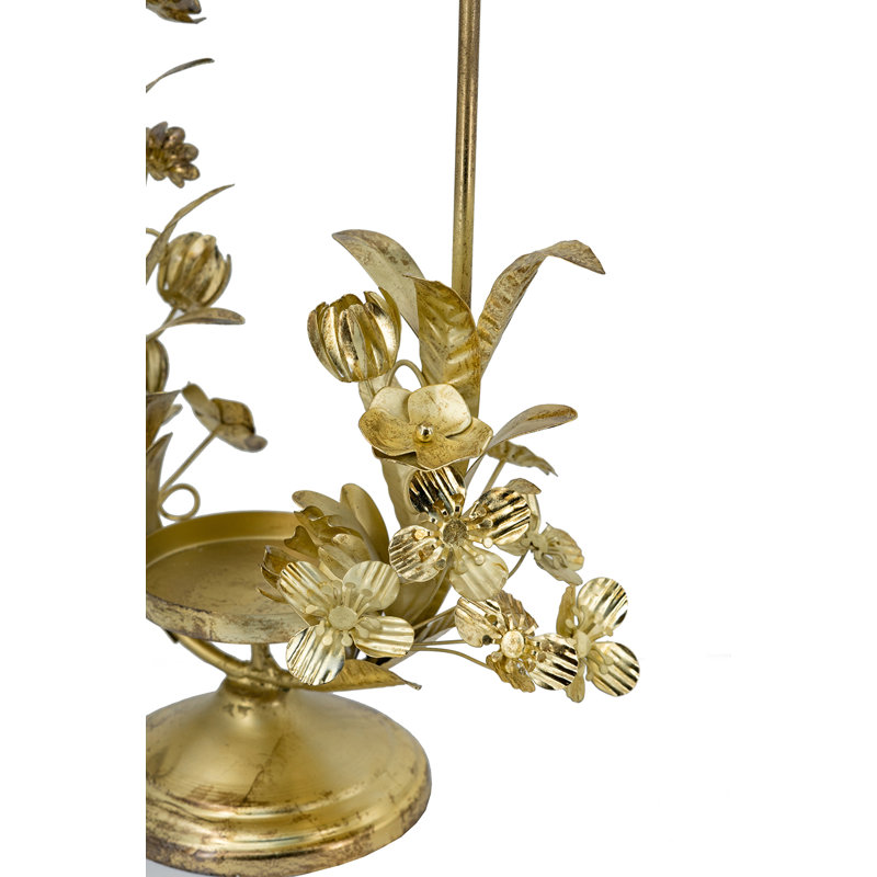 Iron Arched Pillar Candle Holder With Gold Floral Design, 16.9" H x 9.1" W x 4.9" D