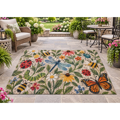 5' x 7' Outdoor Area Rug Butterfly Bee Dragonfly Wildflower Heavyweight Waterproof PVC Coil Loop Carpet, Heavy Duty Patio Rug, Quick Dry Indoor Outdoor Mat for Porch Deck Balcony Entryway RV Camping