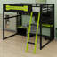 Lit mezzanine en bois avec bureau intégré, tablettes de rangement, lumières DEL, ports de chargement USB et panneau perforé