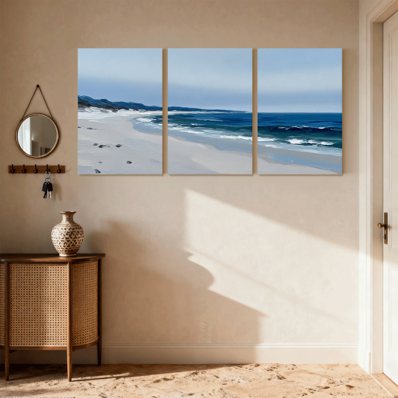 Nautique et plage, plage, vagues, ciel, sable, océan, horizon, montagnes, empreintes de pieds, H 30 po x l 60 po