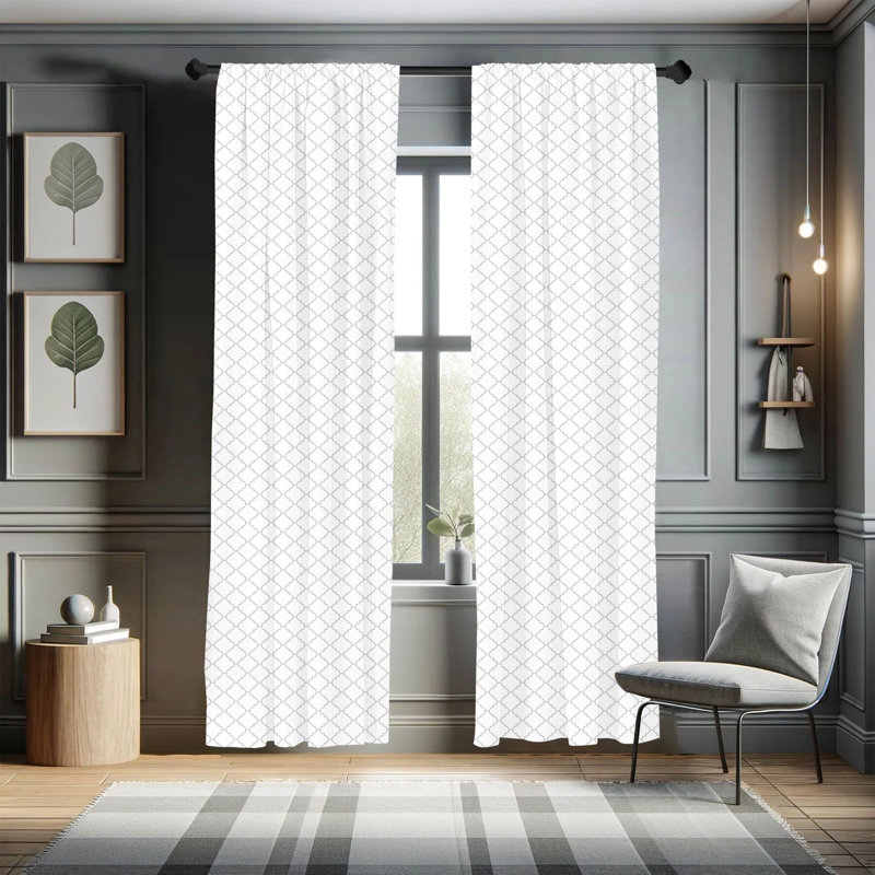 White and Grey Geometric Pattern Room-Darkening Curtain Panels