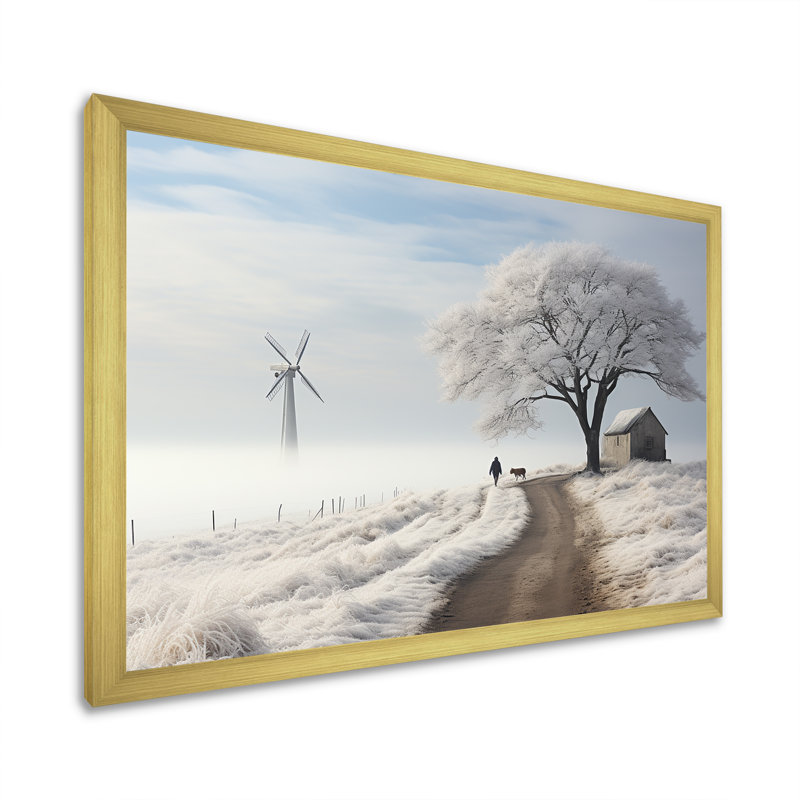 Éoliennes, paysage d'hiver, Cadre doré simple, H 34 po x l 44 po x P 1,5 po