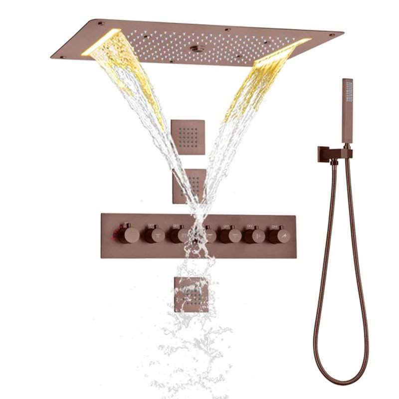 Massa Light Oil Rubbed Bronze Thermostatic Recessed Ceiling Mount LED Waterfall Rainfall Shower System with Hand Shower and Jetted Body Sprays