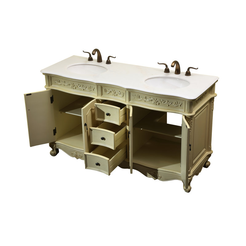 Stepan 60'' Double Bathroom Vanity with Marble Top, Antique Ivory