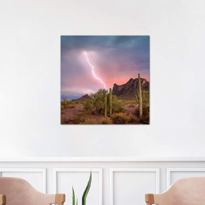 Saguaro (Carnegiea Gigantea) Cacti With Lightning Over Peak In Desert, Picacho Peak State Park, Arizona by Tim Fitzharris - Wrapped Canvas Print