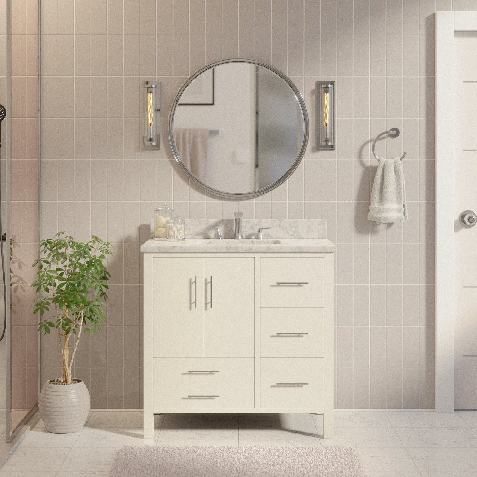 Kiara 36'' Single Bathroom Vanity, White, Carrara Marble