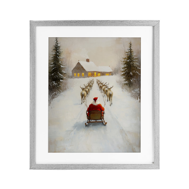 Père Noël visite en traîneau, impression encadrée sous verre, design par Arlington Prints, Cadre de ferme gris