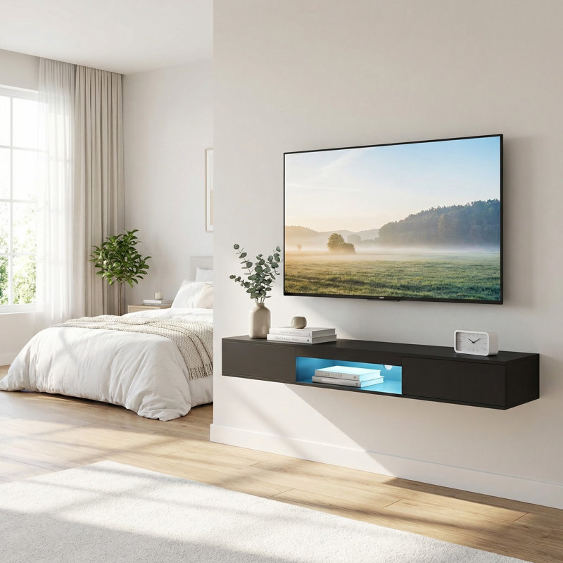 Meuble audio-vidéo mural flottant avec éclairage DEL et grand espace de rangement pour les téléviseurs à grand écran