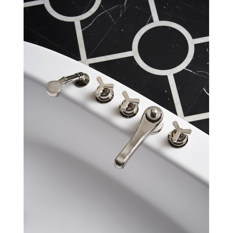 Tribeca 3 Handle Deck Mounted Roman Tub Faucet Trim with Handshower, Polished Nickel