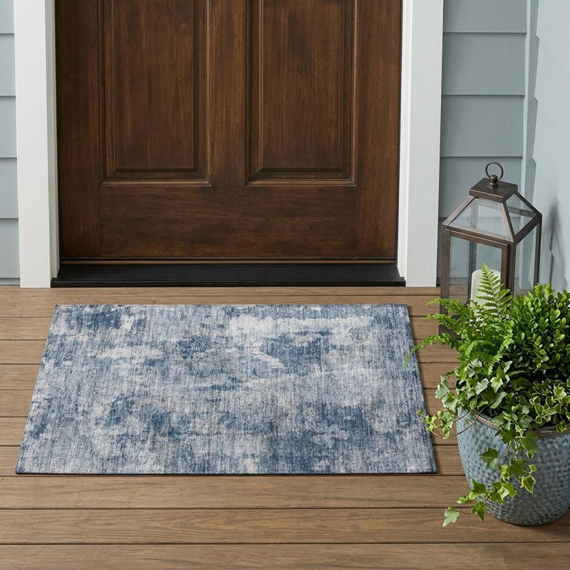Tapis extérieur lavable antidérapant abstrait 2 pi x 3 pi, Bleu/Gris
