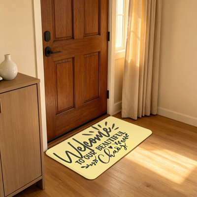 20"x 32" Yellow Welcome to Our Beautiful Chaos Entryway Doormat Front Door Ornament