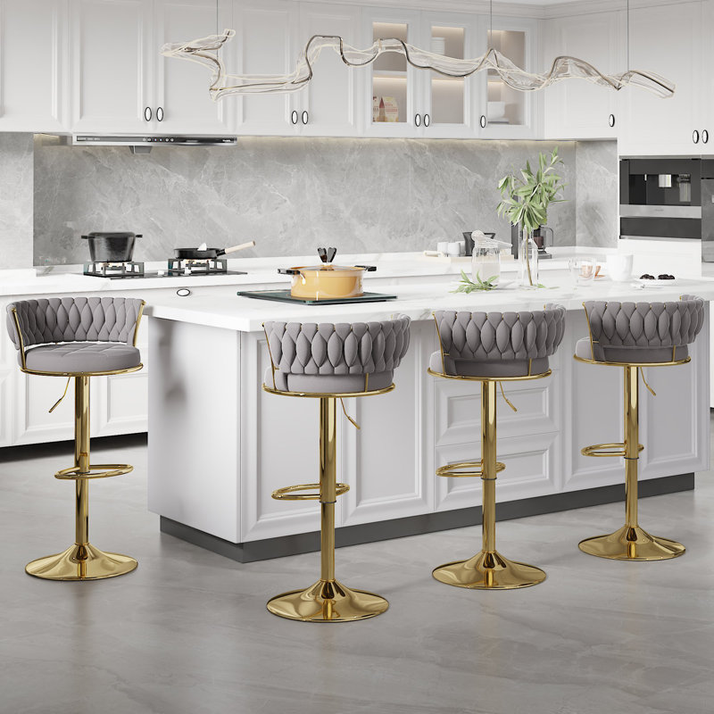 Ensemble de 4 tabourets de bar George avec dossier rembourré en velours tissé, tabourets de comptoir réglables en hauteur, tabourets de cuisine pivotants pour îlot de cuisine, bar, gris