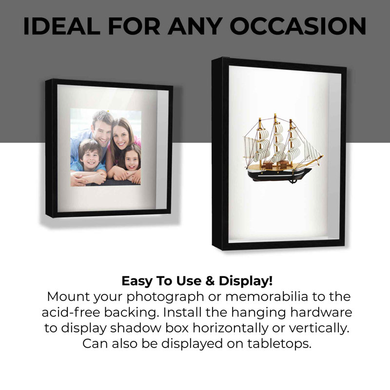 Krucik Solid Wood Shadow Box Picture Frame, Black, 10" W x 6" H