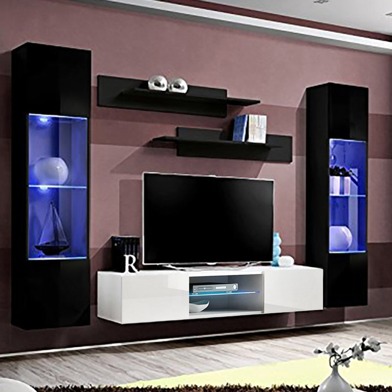 Meuble audio-vidéo mural flottant 100 "avec éclairage 16 couleurs DEL, finition brillante Entertainment, Noir / blanc
