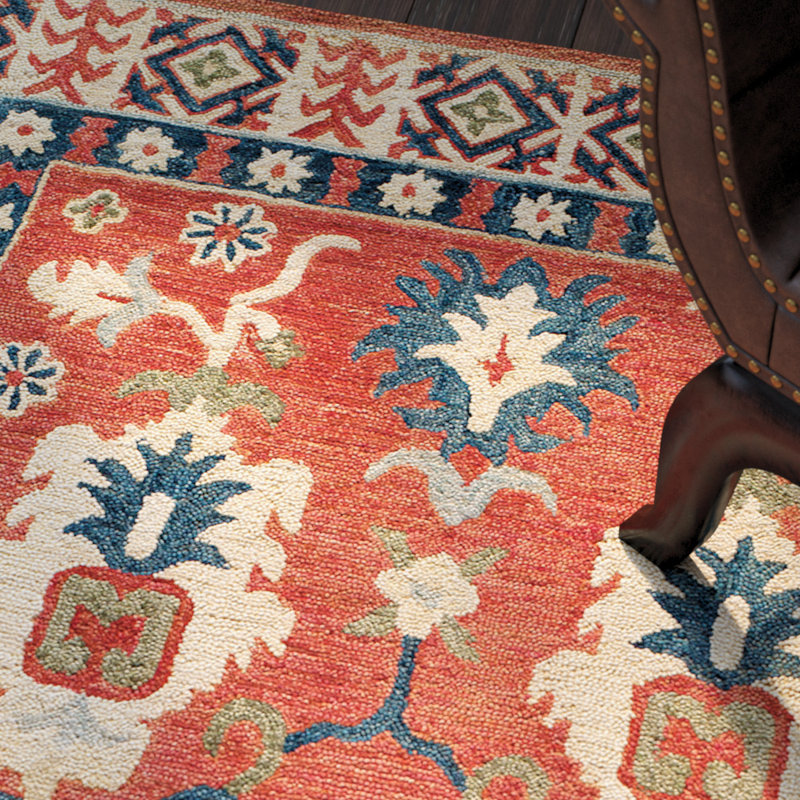 Tapis rouge / beige / bleu en laine touffeté à la main Adrien, Tapis de couloir 2 pi 3 po x 8 pi