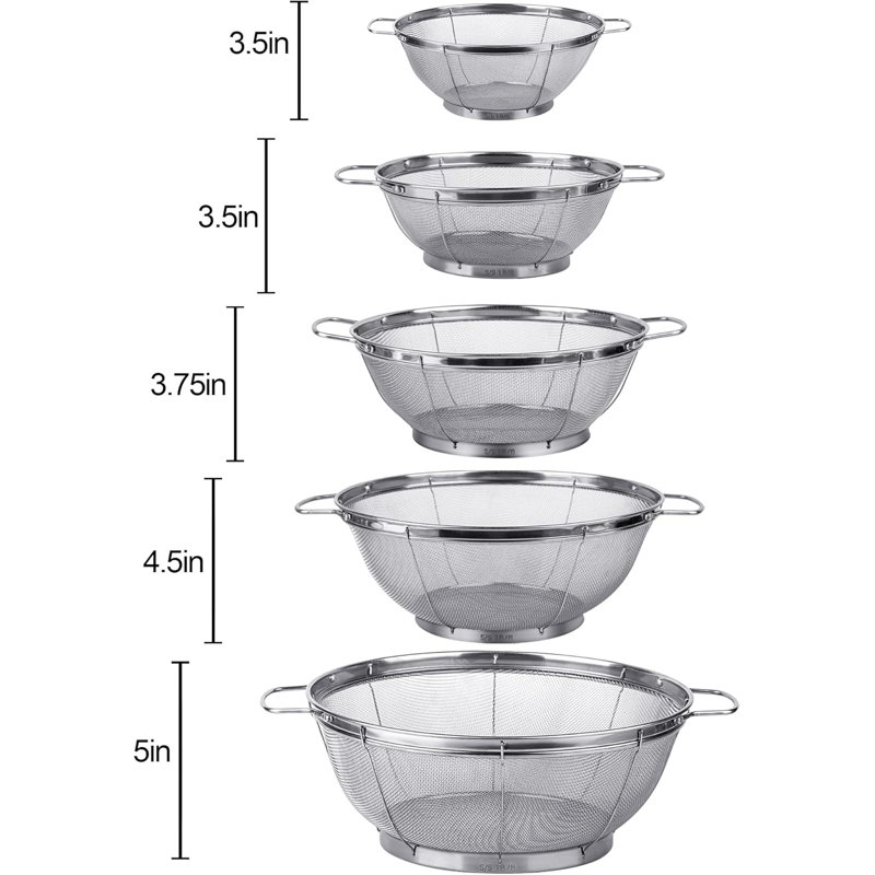Paquet de 5 tamis passoires en acier inoxydable 18/8, paniers à tamis en maille multi-tailles avec poignées et base de repos pour la vidange, le rinçage et la cuisson à la vapeur