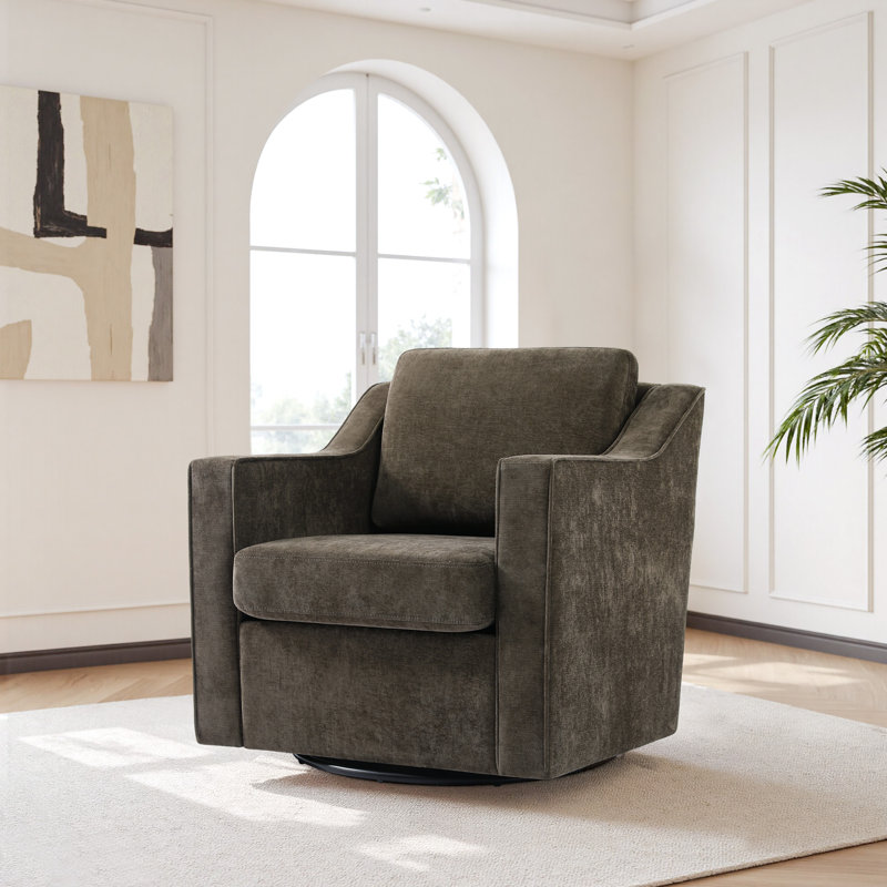 Bronnen Big And Wide Upholstered Cushion Swivel Armchair with Removable Back and Seat Cushion, Light Coffee Chenille