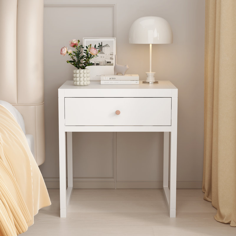 Table de chevet moderne blanche avec tiroir, table de chevet minimaliste avec poignée en bois, table de bout compacte