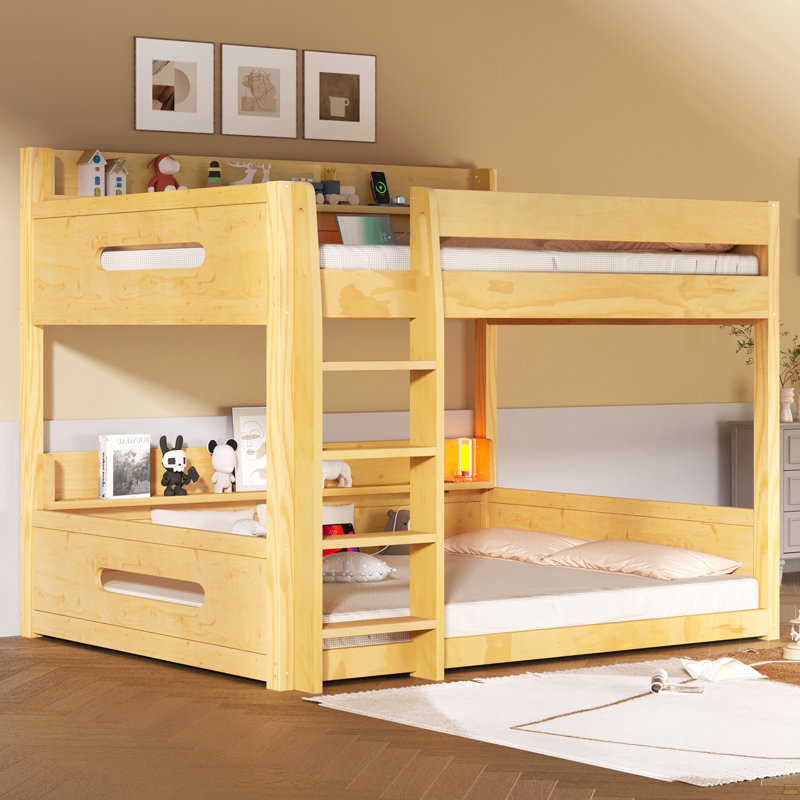 Queen Over Queen Bunk Bed With Storage Shelves And USB Ports, Brown