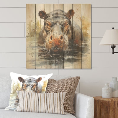 Grey Colourful Hippo Harmony - Hippopotamus On Wood Print