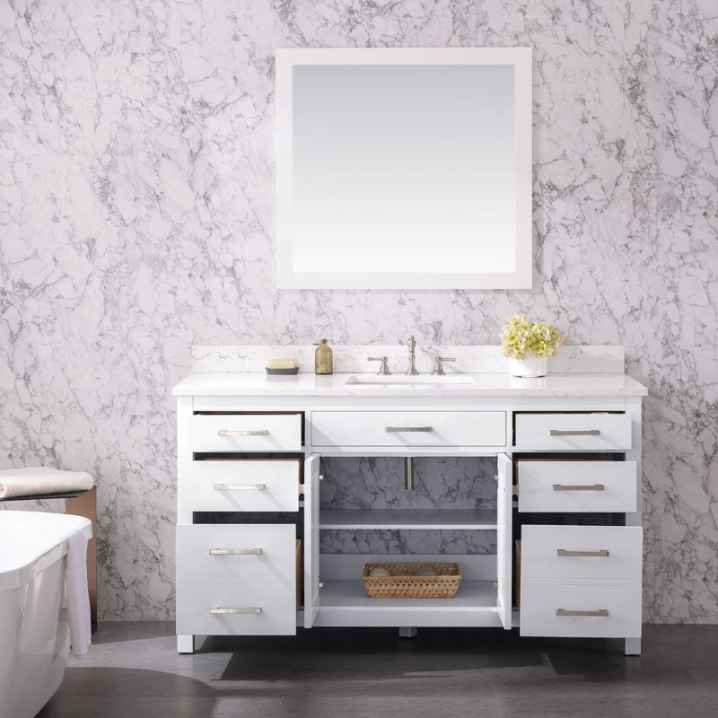 Ensemble de meuble-lavabo simple 60 po Ajhane, Blanc / nickel brossé