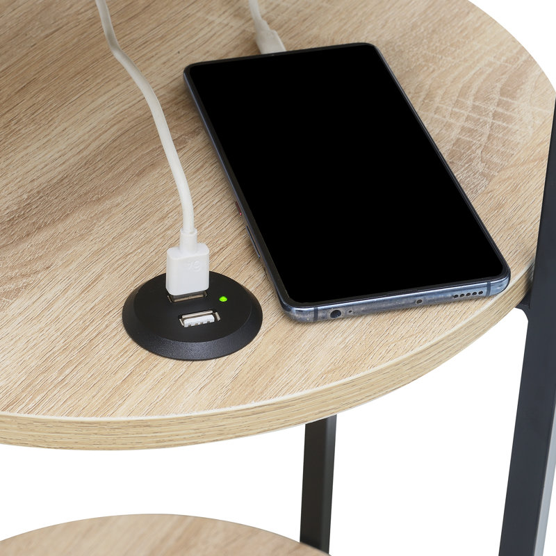 Ramos 3 Tier Round End Table with USB Ports, Weathered White