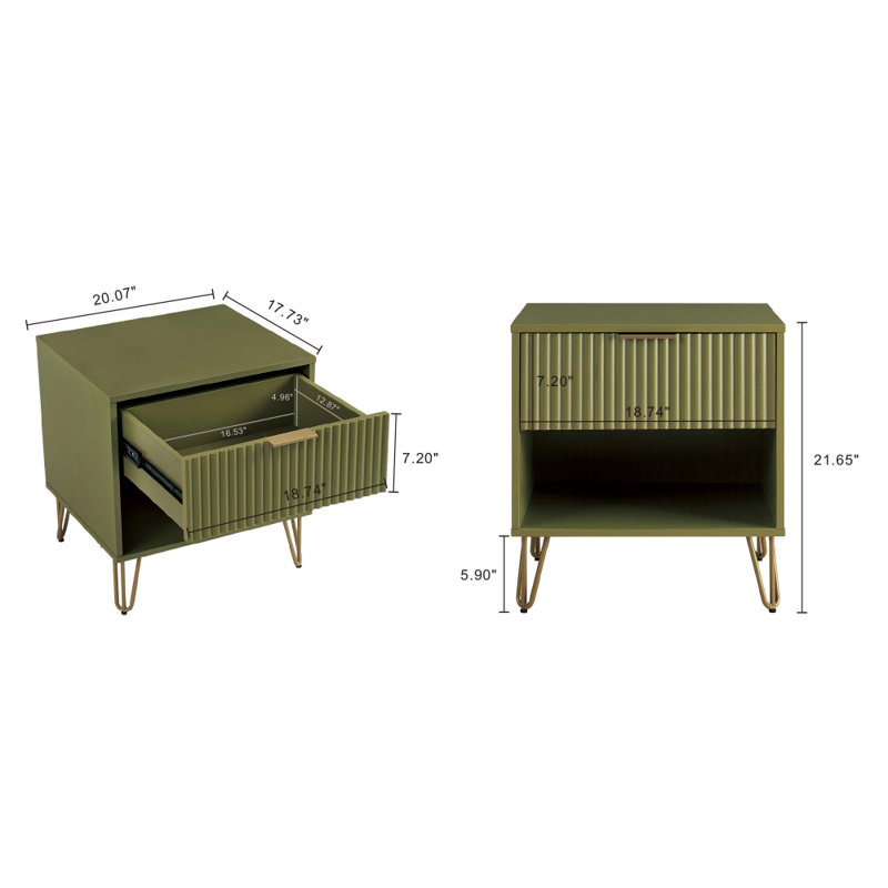 Table de chevet vert olive, Vert olive / doré