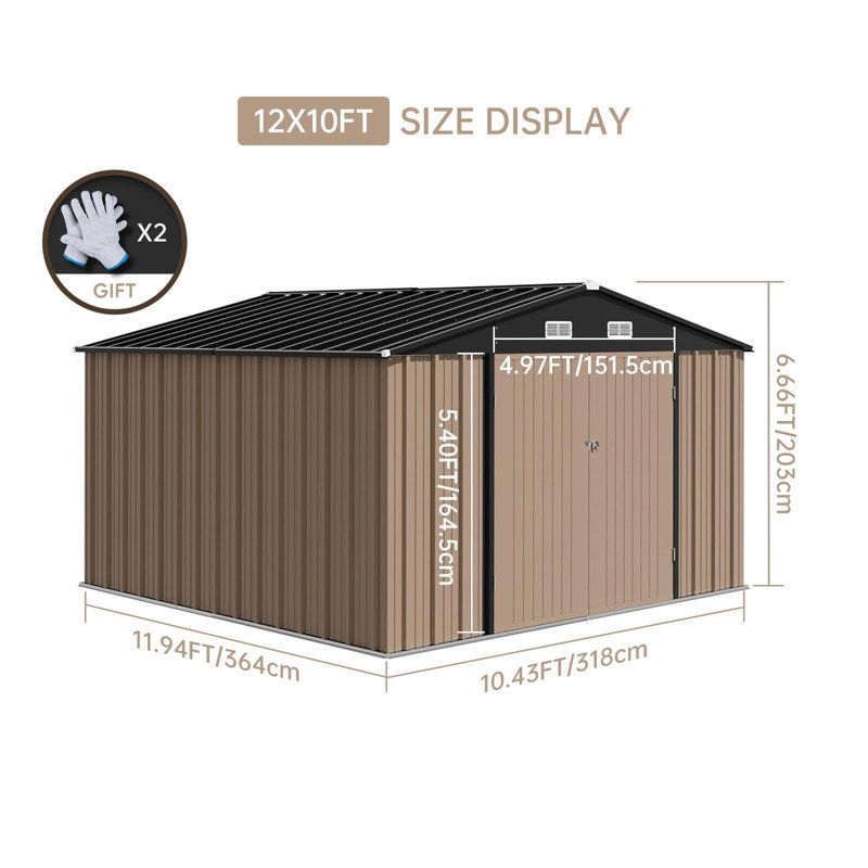 Galvanized Steel Horizontal Storage Shed, Brown, 79.92" H x 143.28" W x 125.16" D