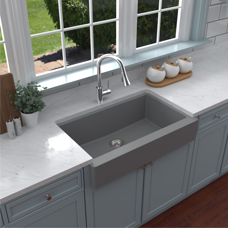 34'' L Single Bowl Quartz Kitchen Sink, Matte Gray