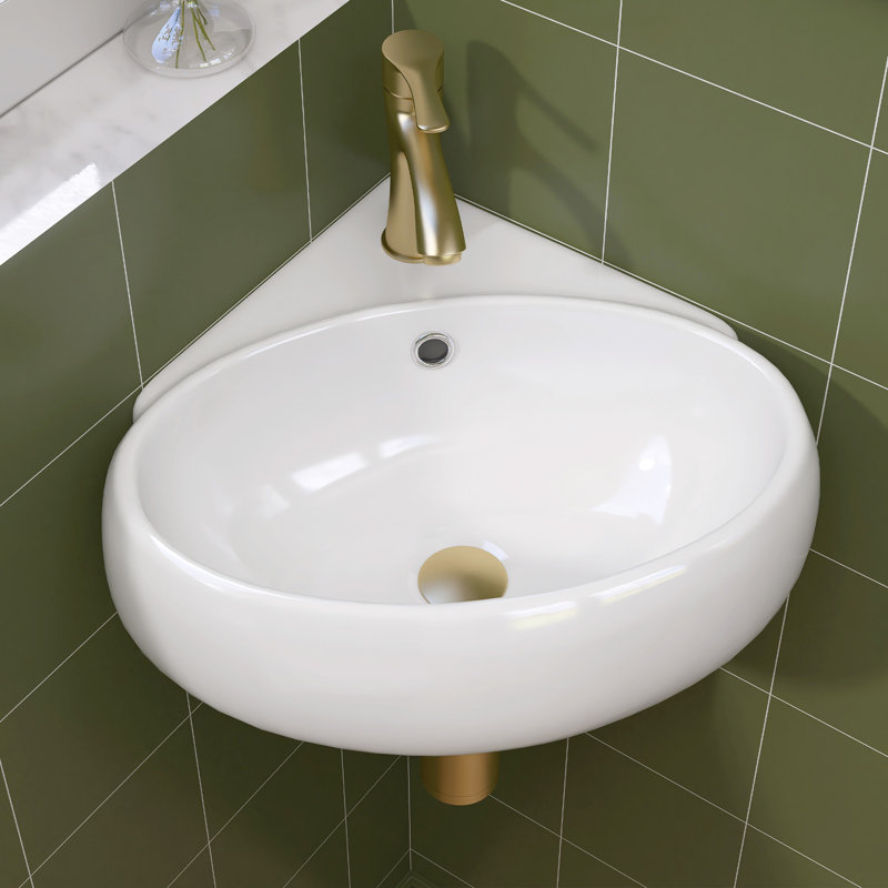 14 In. Corner Wall Mount Bathroom Sink White Ceramic Oval Countertop Vessel Sink Bathroom Corner Floating With Overflow And Single Faucet Hole