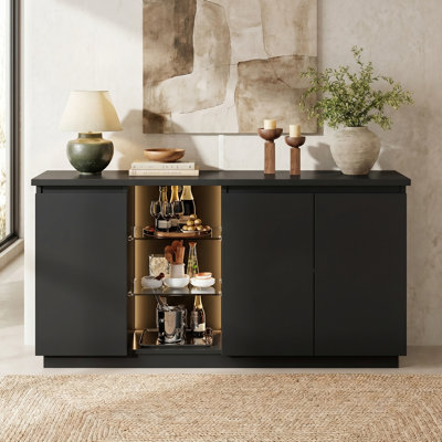 61.4" Modern Black Sideboard Buffet Cabinet with LED Light, Adjustable Tempered Glass Shelves, 3 Hidden Storage Doors, Black
