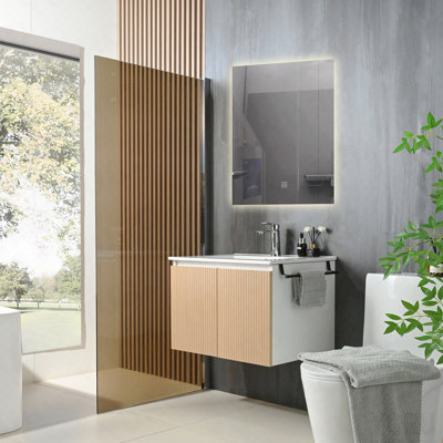 24" Wall-Mount Bathroom Sink Vanity Floating Storage Cabinet Combo W/ Black Towel Rack, White & Yellow