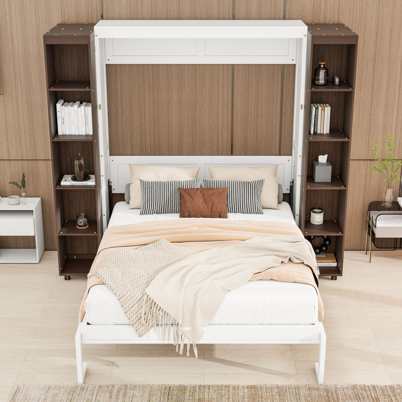 Grand lit escamotable mural avec deux armoires pliables, Blanc espresso