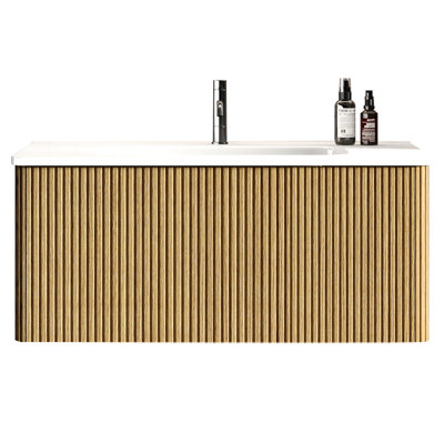 Meuble-lavabo flottant en chêne naturel de 36 po, fixation murale, lavabo blanc brillant, stratification par film, tiroir à ouverture par pression, chêne en forme de U moderne, bords courbés en céramique, film, tiroir spacieux avec forme