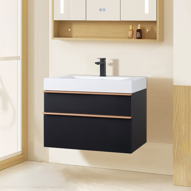 30 po Meuble-lavabo mural noir avec comptoir en acrylique intégré blanc et lavabo non assemblé, Noir