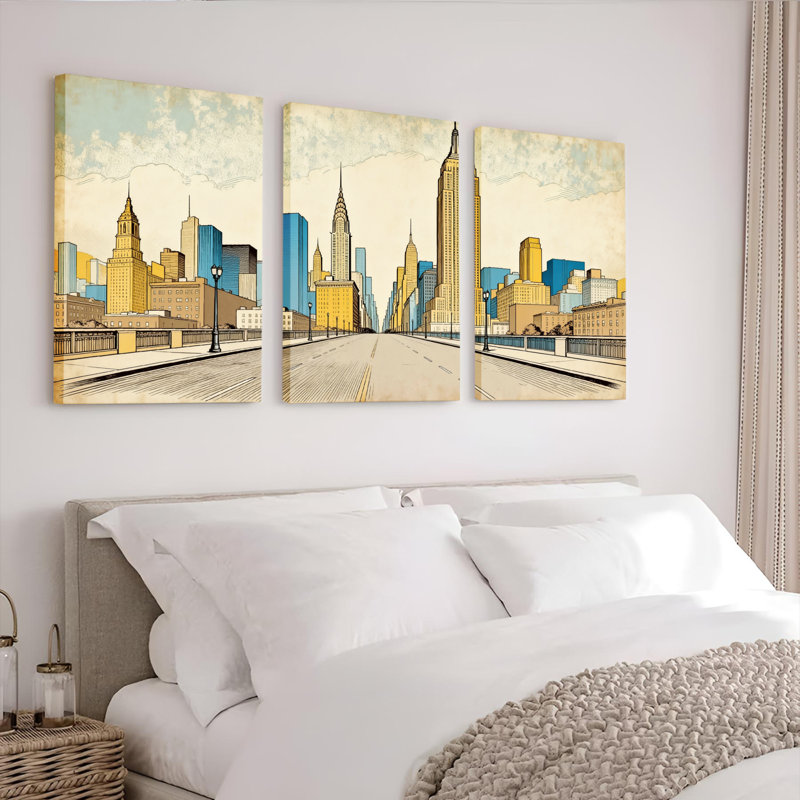 Ensemble de 3 tableaux muraux vintage représentant un paysage urbain sur toile tendue, H 18 po x l 36 po