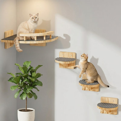 3-Step Wooden Cat Wall Shelves with Cozy Perch, Supports up to 15 lbs, Floating Stairs for Small/Medium Indoor Cats, Ideal for Jumping, Resting, Playing