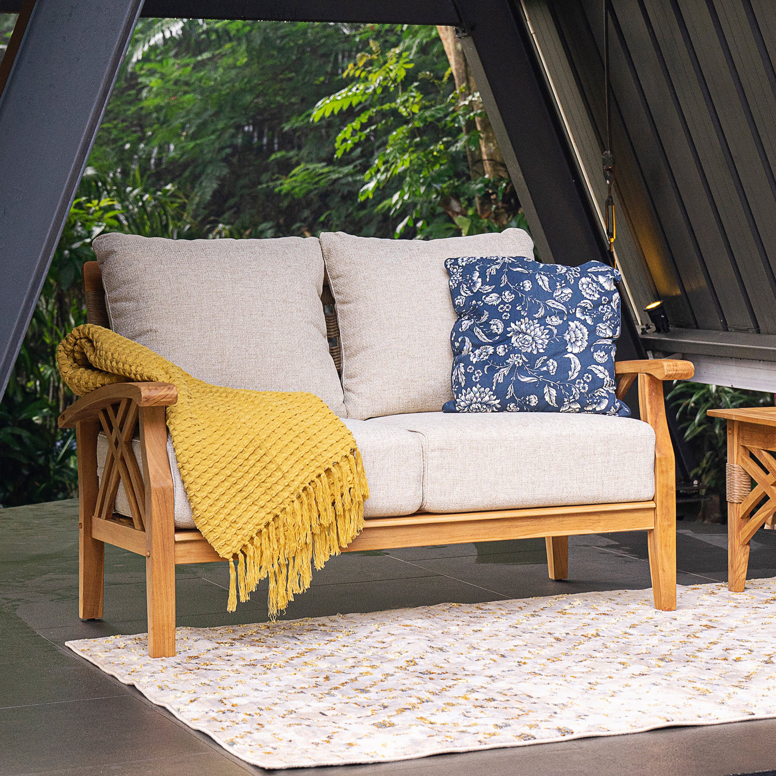 Cotesfield 54" Teak Patio Loveseat, Tan Performance Basketweave