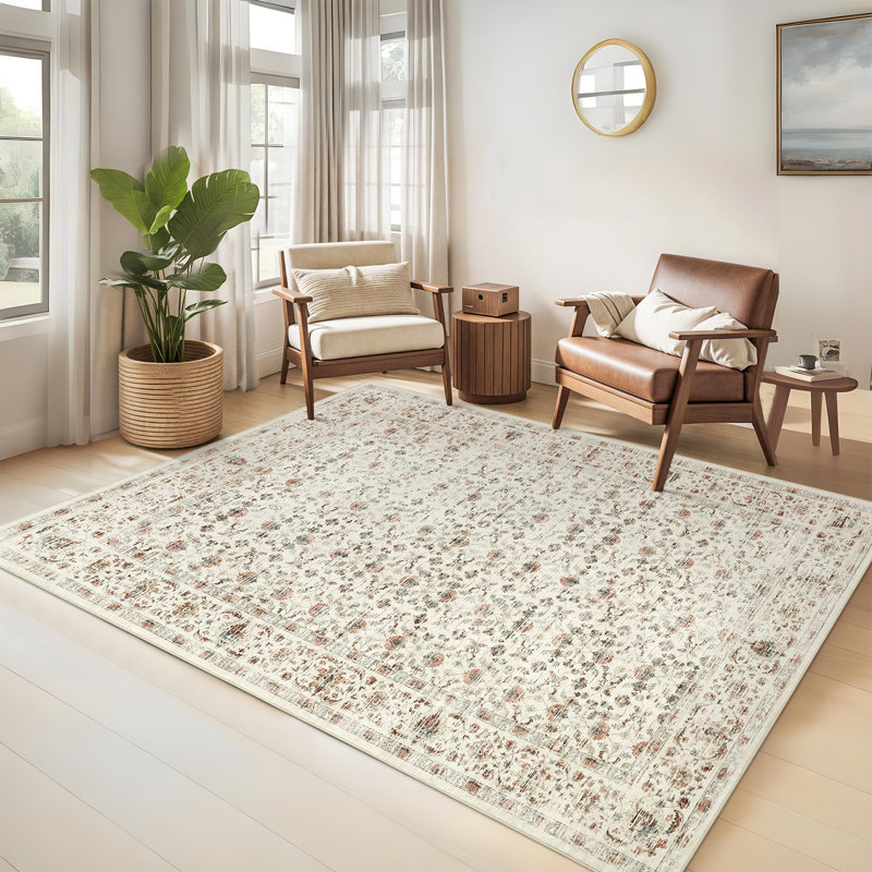 Machine Washable Area Rugs for Living Room, Floral Rugs Oriental Vintage Rugs Distressed Non Slip Stain Resistant Soft Low Pile Carpet for Bedroom Dining Room Nursery Kids Room