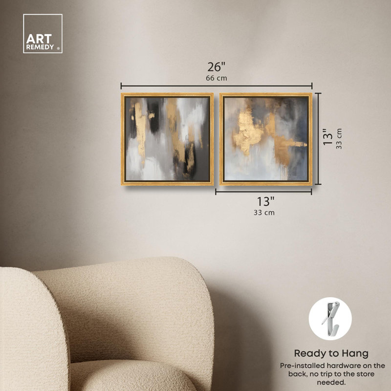 Ensemble de décorations murales « Gold Abyss Duet » sur toile, noir et or, par Art Remedy, cadre noir, 30 x 30 cm, Gold Frame