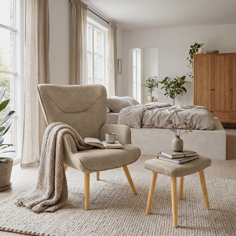 Upholstered Armchair With Footstool, Sand Linen