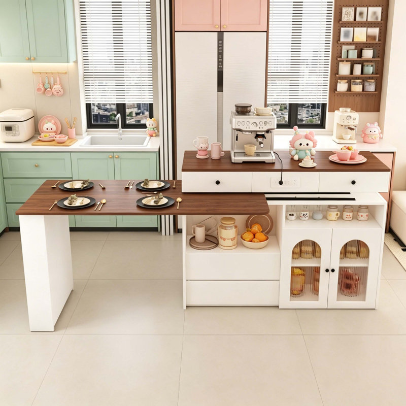 Rotating Expandable Kitchen Island with Built-In Power Station, Walnut Veneer Top, 4 Drawers & Arched Glass Storage Cabinet