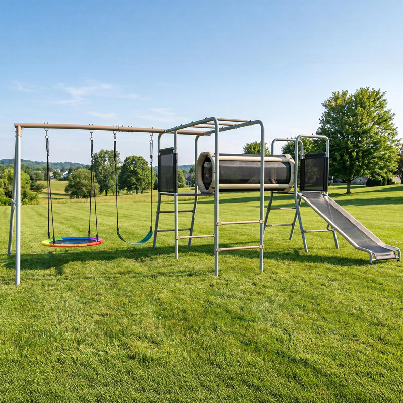 Ensemble de balançoire en métal robuste de 660 lb pour la cour arrière, ensemble de jeu extérieur 5 en 1 avec balançoire à soucoupe, balançoire à ceinture, glissade de 6 pi, rampe de jeu et barres à singes, balançoire à structure en A résistante aux intempéries pour les enfants de 3 à 12 ans