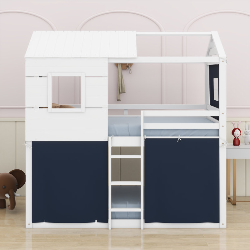 Bunk Wood House Bed With Tent, Blue, Twin Over Twin