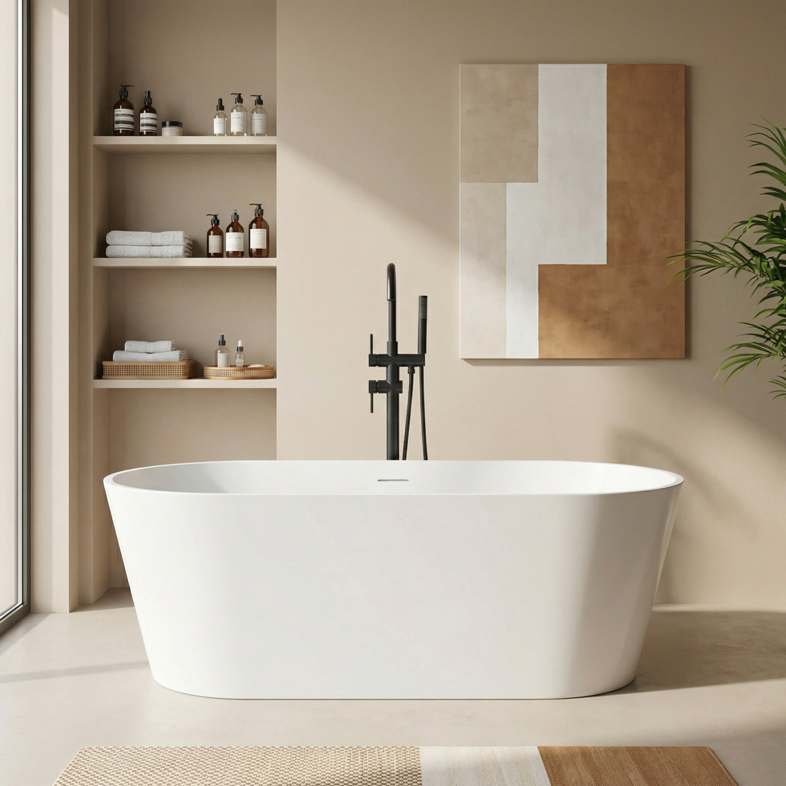 Solid Surface Oval Freestanding Soaking Bathtub, 62.99" L x 29.53" W x 22.05" H