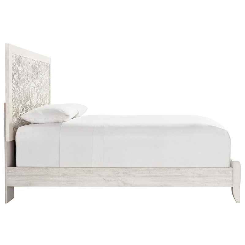 Grand lit à panneau Paxy, motif médaillon Boho sculpté, bois blanchi, Grand