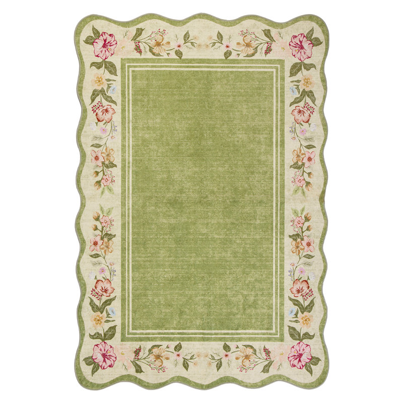  Floral Scalloped Area Rug , Vintage Green Rugs for Living Room, 60*100cm