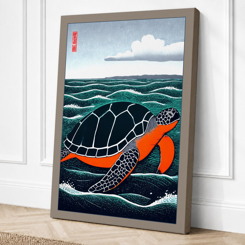 Turtle Swimming Through Waves Japandi 1 Piece Wrapped Canvas Wall Art, 30x20 - 76.2 x 50.8 cm, Taupe Border