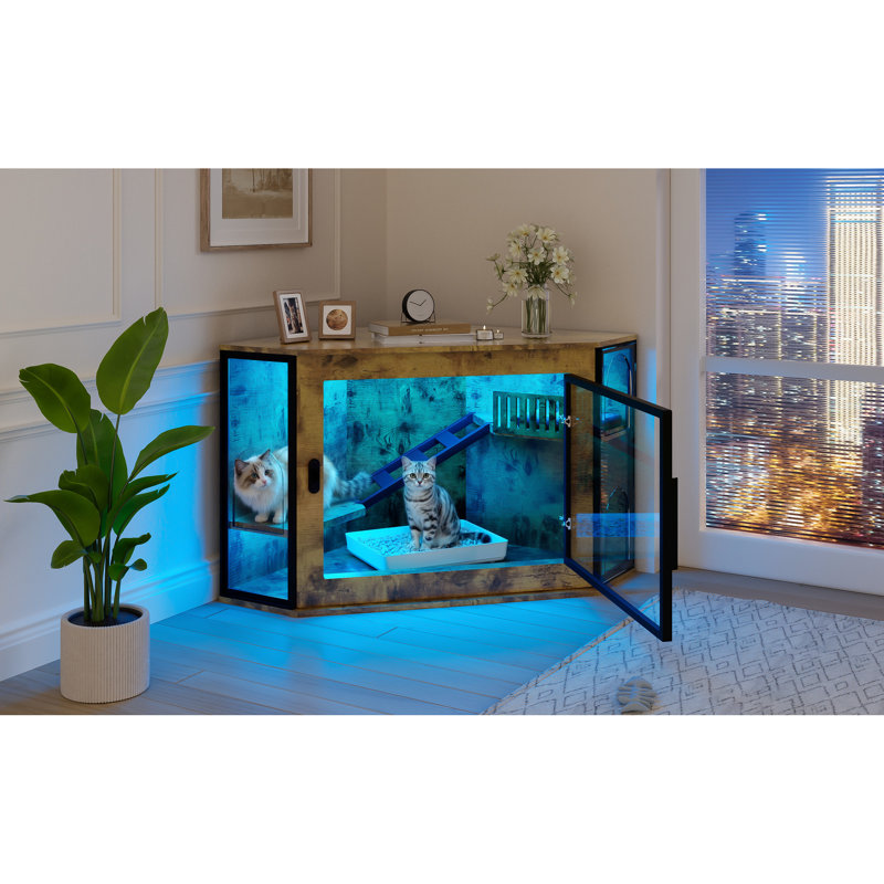 Armoire de litière en coin pour chat d'inspiration tigrée 48 po avec porte en acrylique, bande à DEL et plan de rangement compact