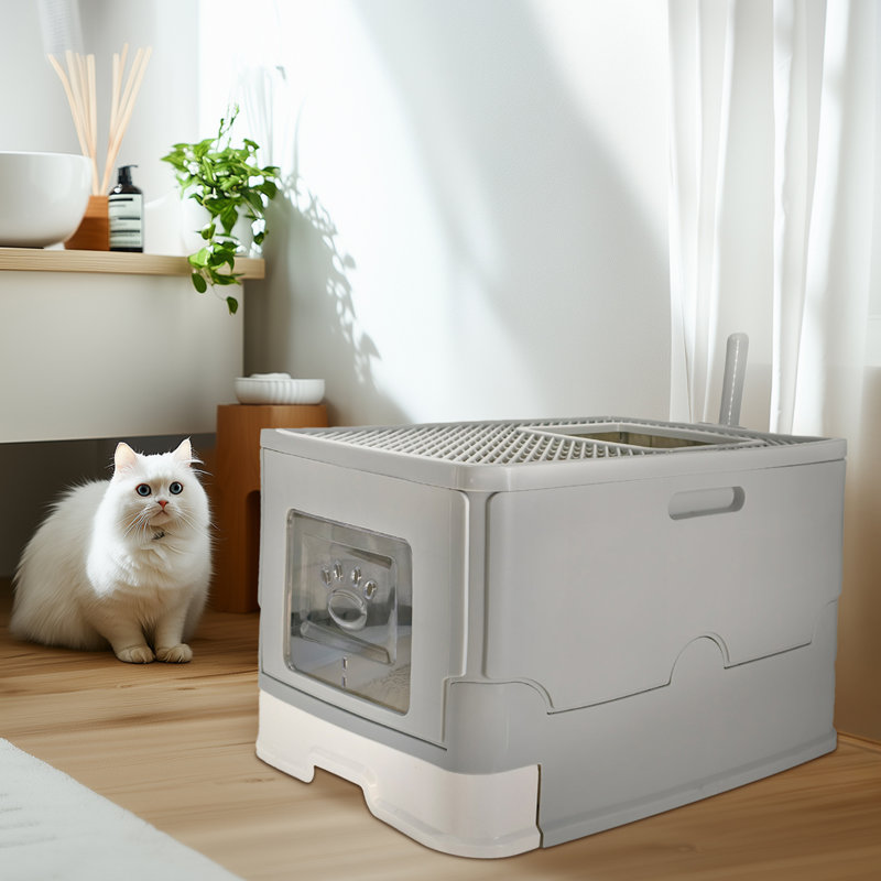 Grande boîte à litière pliable pour chat avec couvercle, toilette pour chat sans odeur avec tiroir coulissant, facile à nettoyer et compacte pour le rangement